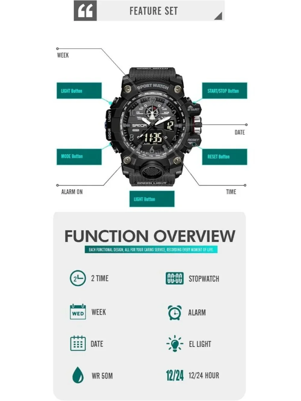 Men's Black Analog Quartz Sports Waterproof Military LED Digital Wrist Watch